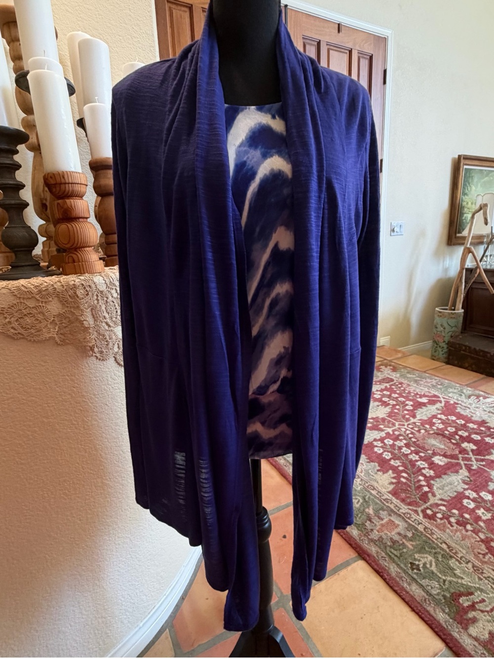 Chico's Cardigan Top Set Womens Size 1 Tie Dye Navy Blue Open Front Lightweight